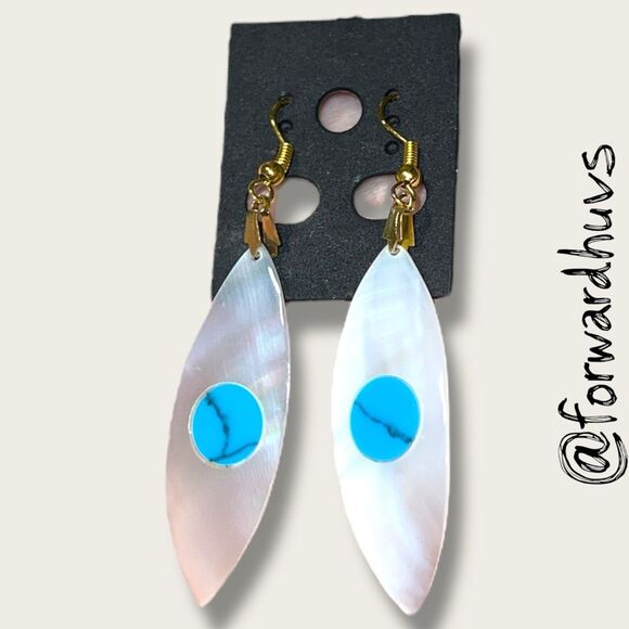 Handcrafted Mother of Pearl Earrings with Faux Turquoise Stone Inlay - Picture 4 of 7